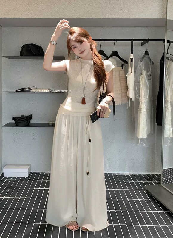 18270 Yueyin Summer Knitted Top and Pants Set, m Length 57, Hip Circumference 130, Length 100
