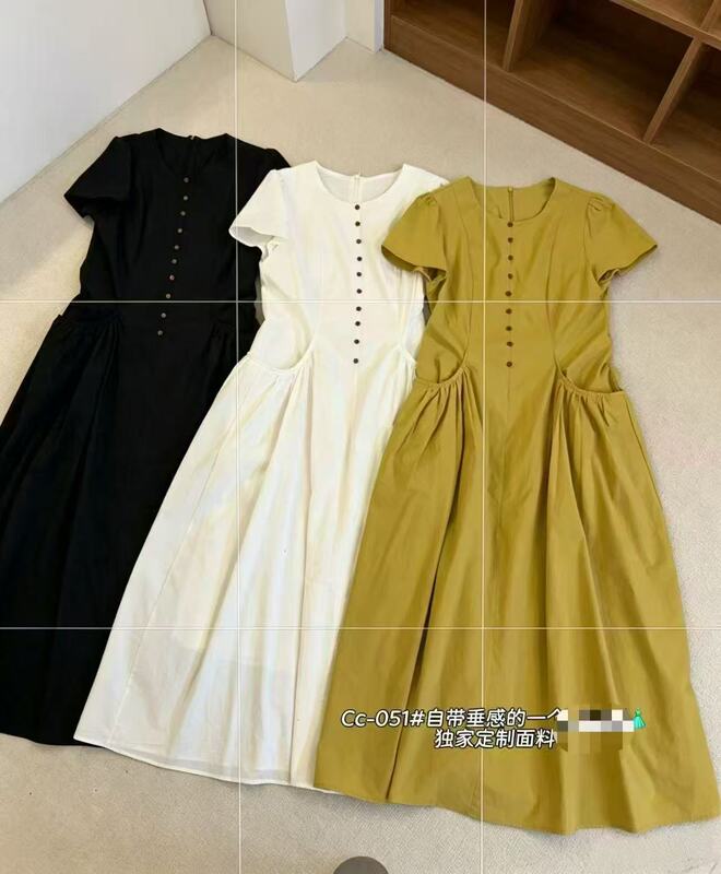 051 Korean Style Summer New Round Neck Short-Sleeve Waist-Cinching Dress, m Bust 92, Length 125