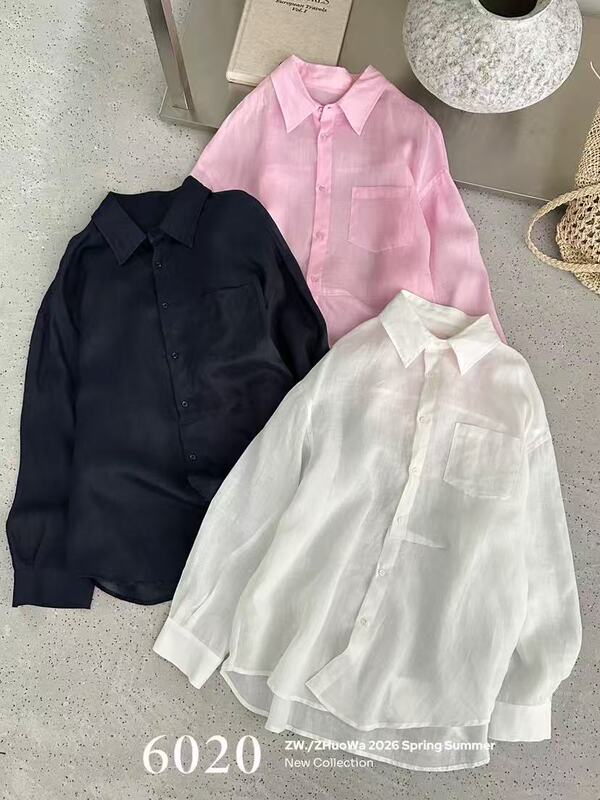 Zw6020 New Summer Style Lapel 100% Ramie Shirt for Women, Bust 128, Length 73