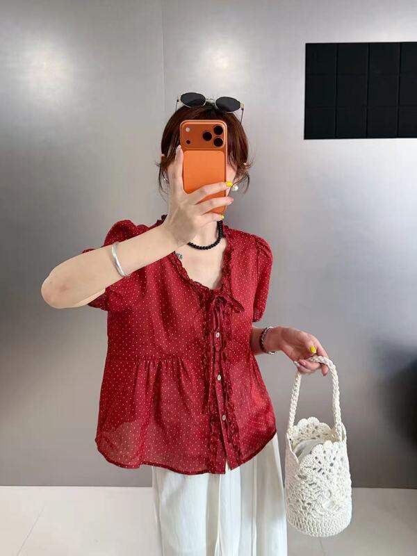 2718 Summer New Style V-Neck Polka Dot Puff 100% Ramie Short-Sleeve Shirt, m Bust Size 102, Length 57
