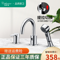 Three-Hole Basin faucet pull-out faucet washbasin telescopic faucet rotating cold and hot full copper faucet shower
