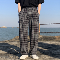 OFFBORD draw rope leg grid pants mens summer thin loose straight tube Japanese boys casual wide leg pants