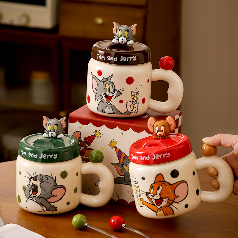 Подлинная керамическая кружка для игры в кошки-мышки с крышкой и ложкой, подарок на день девочек, большая чашка для воды для семейной пары