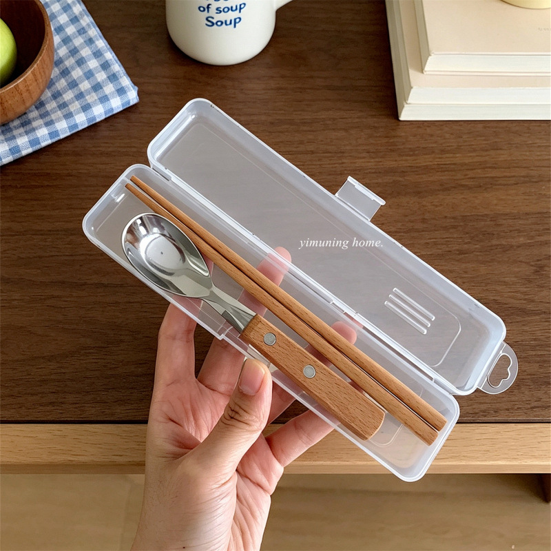 Yimuneng Chopsticks and Spoon Set, Wooden Portable Tableware for One Person, Three-Piece Set with Storage Box for Students to Take Away