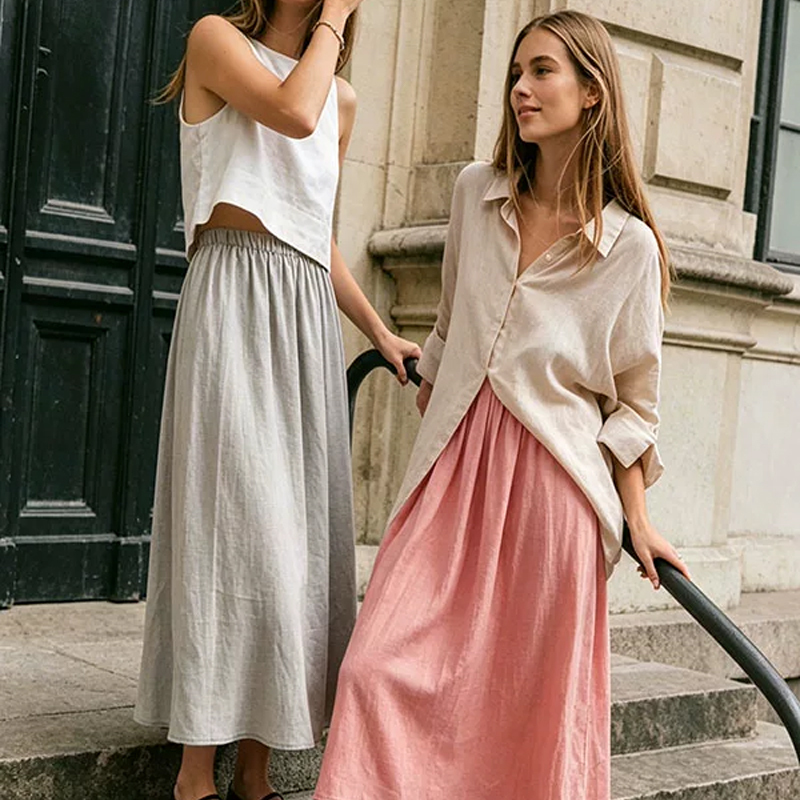 Great Price! 100% Linen, Elastic Waist, Slit Long Skirt 26060630 Limited Time 20% off