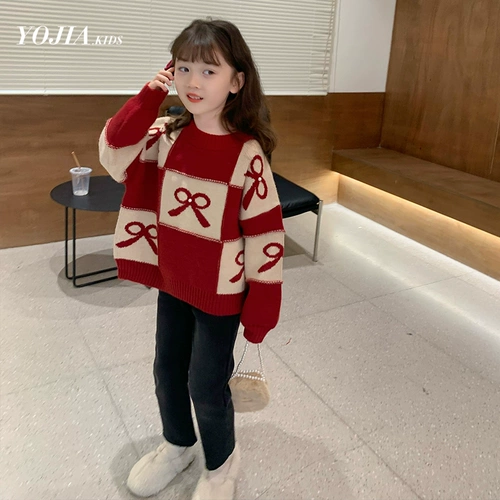 Красный свитер, демисезонный детский трикотажный пуховик, увеличенная толщина, в западном стиле, детская одежда