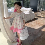 Платье, хлопковый милый детский наряд маленькой принцессы, юбка, в цветочек, в западном стиле, рукава фонарики