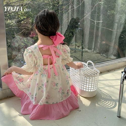 Платье, хлопковый милый детский наряд маленькой принцессы, юбка, в цветочек, в западном стиле, рукава фонарики