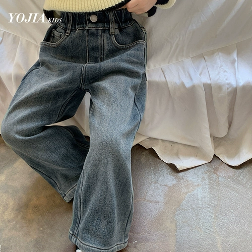 Осенние штаны, пуховик, детские утепленные весенние джинсы, свободный прямой крой, увеличенная толщина