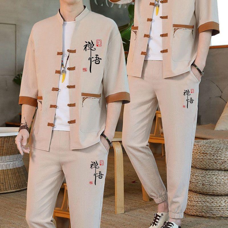 2026 New Men's Chinese Style Summer Cardigan with Stand Collar, Short Sleeves, Long Pants, Tang Suit, Hanfu, National Trend Two-Piece Set for Men