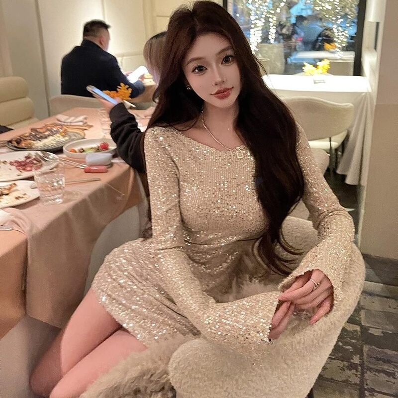 High-End Ladylike Elegant Sparkling Sequins Champagne Gold Trumpet Water Sleeve Dress for Women 2025 New Hip Skirt
