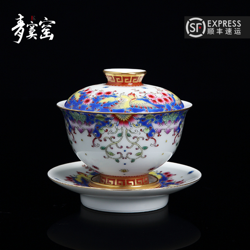 Jingdezhen up green was hand - made colored enamel tureen large retro three ceramic heavy industry use of kung fu tea bowl