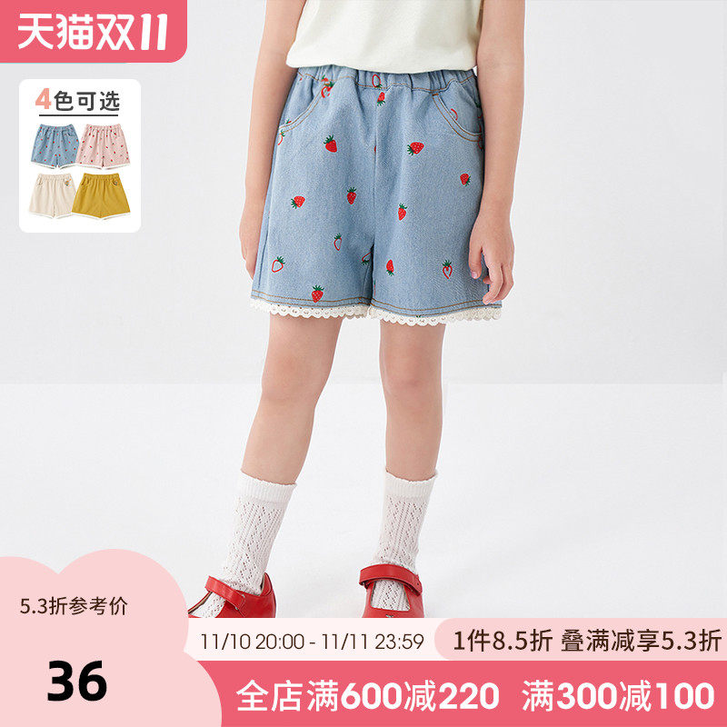 Inman children's clothing girls denim shorts summer lace stitching strawberry embroidery children's jeans 2022 new