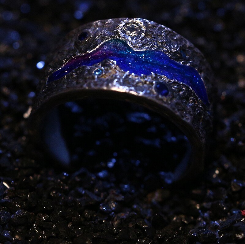 Original 925 pure silver starry sky ring male tail ring enamel artisanal creative personality opening female small crowdlovers to the ring