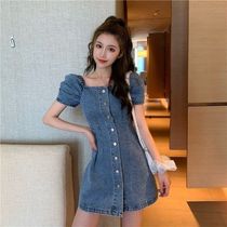 summer 2021 new retro Hong Kong flavor net red temperament slim slim single breasted denim short sleeve dress womens clothing