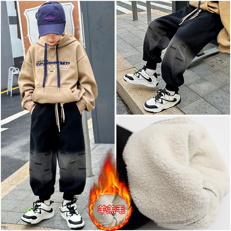 Boy gush thickened sports pants one past winter 2023 new CUHK children autumn winter lamb hair integrated suede-Taobao