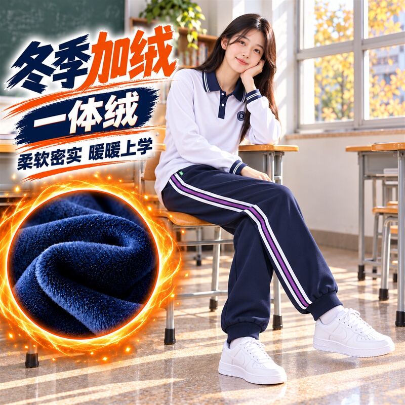 Luneng Bashu Middle and High School Students' Navy Blue School Uniform Pants with Three Stripes, White and Purple Stripes, Winter Fleece-Lined