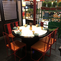 Modern Chinese solid wood dining table and chairs combined restaurant marble round table with open pore induction cooker hotpot table custom