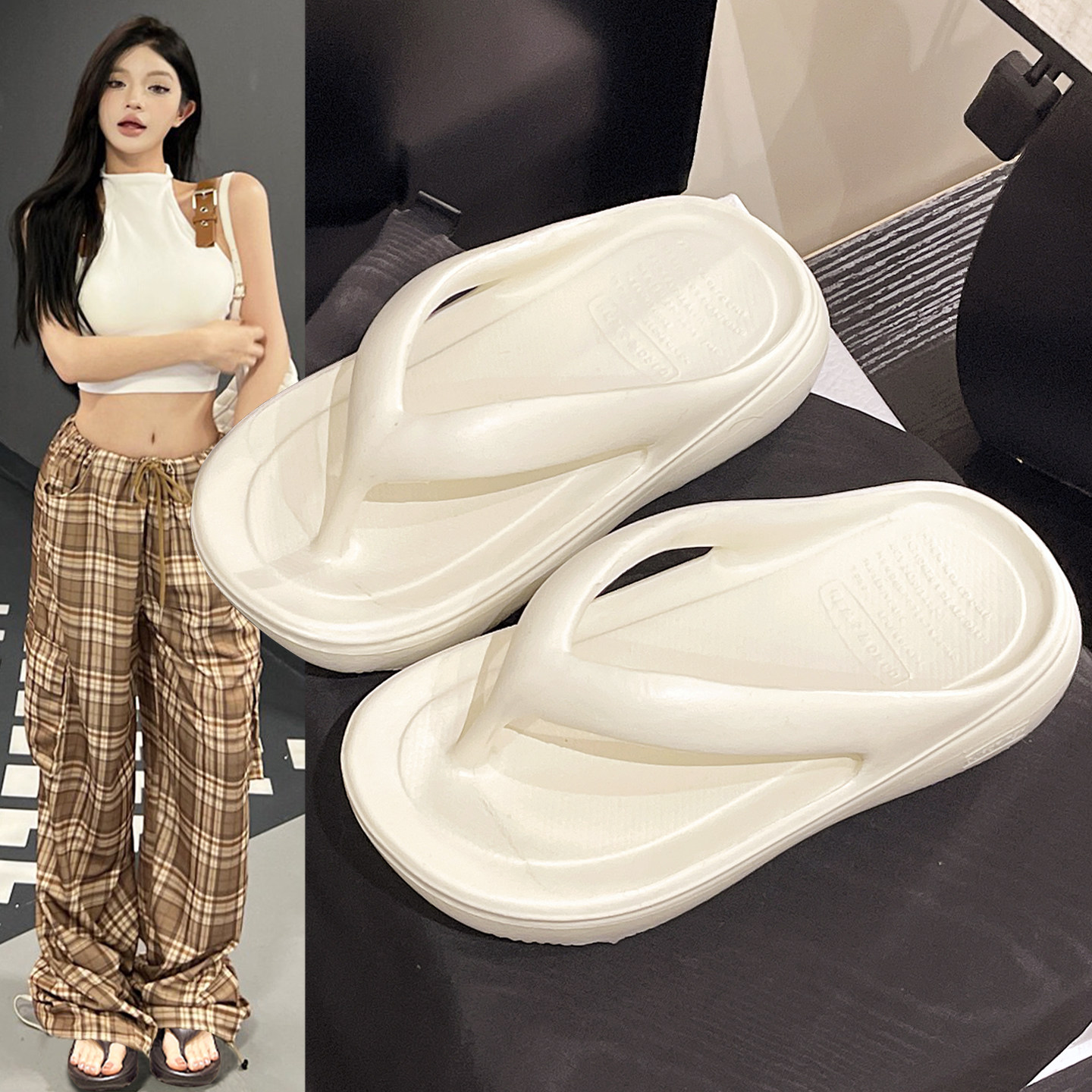 White thick-soled flip-flops for women's summer 2026, fashionable and versatile, casual outerwear, beach flip-flops, Instagram trend