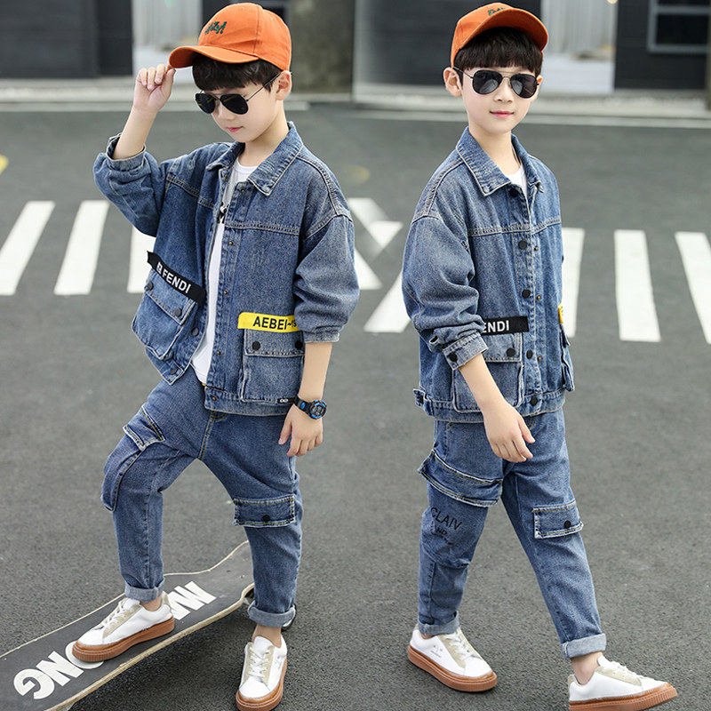 Boys denim suit spring and autumn 2022 new children's spring two-piece suit foreign handsome boy ruffian handsome children's clothing