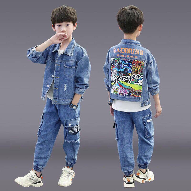 Boys spring and autumn suit 2021 new Korean version of handsome children's denim 10 two-piece set 11 Foreign school tide clothes 12 years old