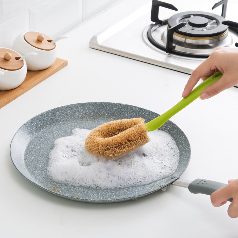Coconut Palm Brush Wood Handle Wash Pan Brush Long Handle Brushed Pan Dishes Clean Brush Kitchenette Brush Pan Oil Brush
