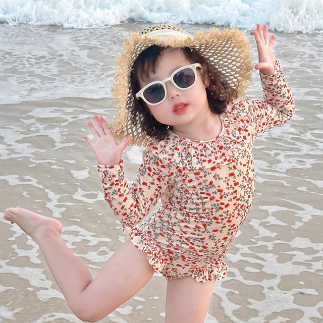 Girls summer new floral quick-drying swimsuit Korean style baby summer cute lace niche Children's one-piece swimsuit