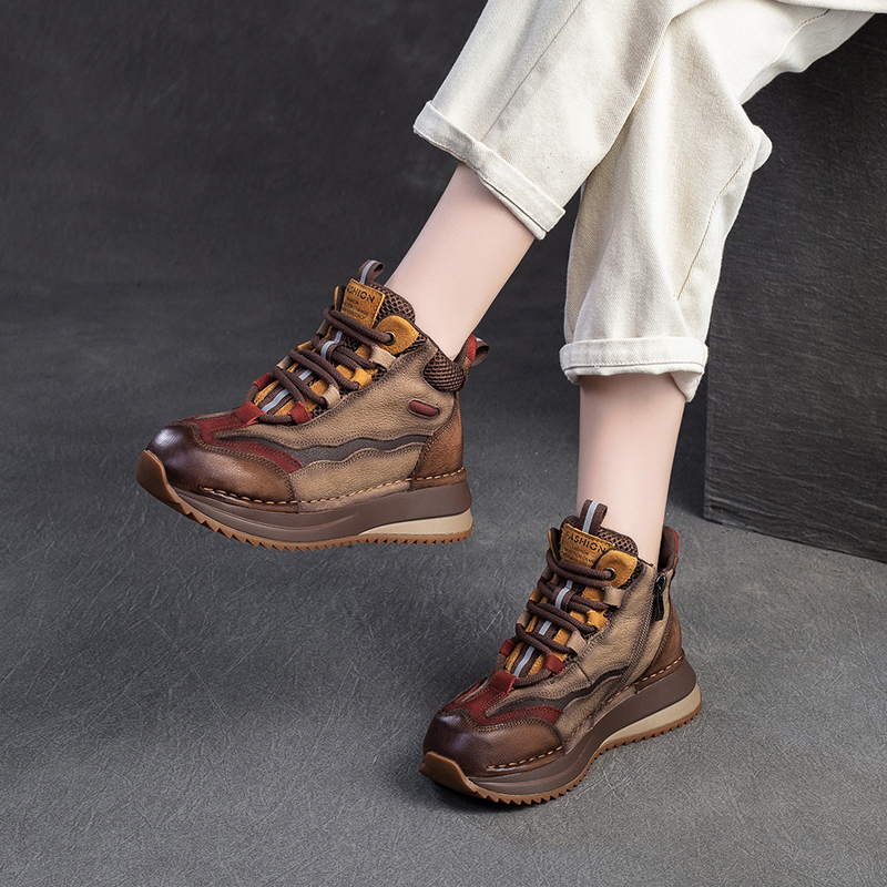 Autumn and Winter Platform-Soled First-Layer Cowhide Sneakers for Women, Retro Handmade Color-Blocked Leather Shoes, Light Luxury High-Top Single Shoes, Trendy Autumn and Winter Platform-Soled First-Layer Cowhide Sneakers for Women, Retro Handmade Color-Blocked Leather Shoes, Light Luxury High-Top Single Shoes, Trendy