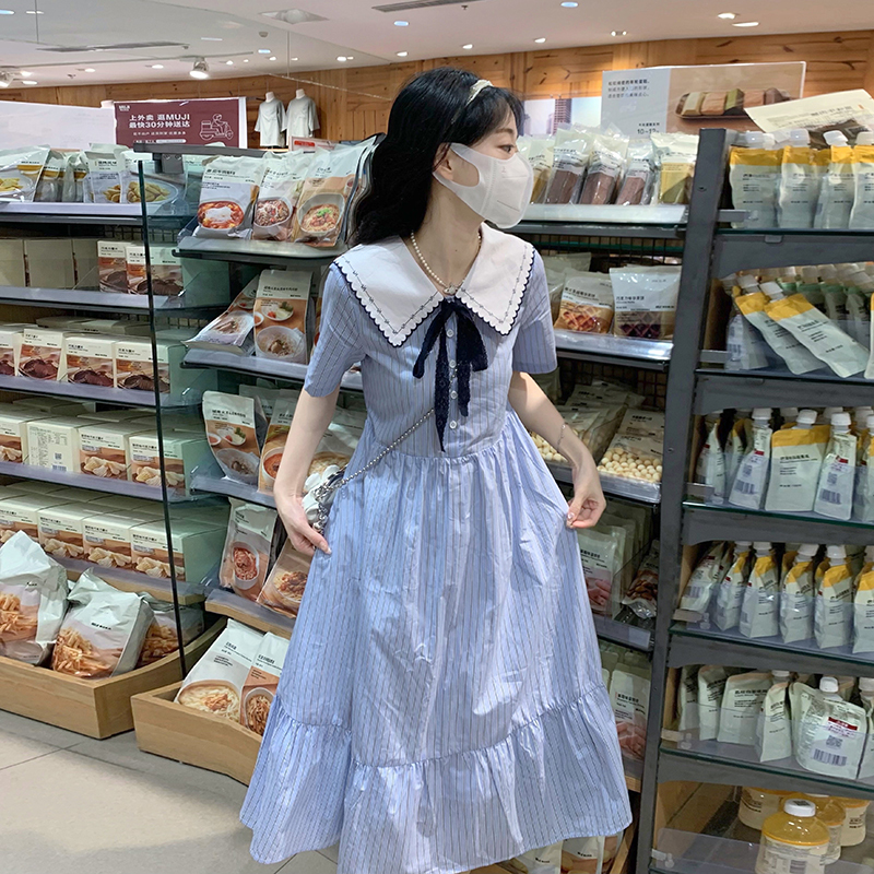 Girls' Summer Dress for Older Children Aged 13-15, High School and Junior High School Students, 12-Year-Old, Preppy Style, Striped, Fresh, Over-The-Knee Long Dress