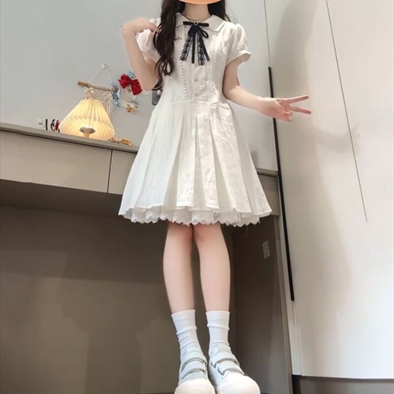 12-Year-Old Girl's White Dress for Summer, Sweet Style for 13-Year-Old Girls, 15-Year-Old Junior High School Birthday, School Style Mid-Length Dress