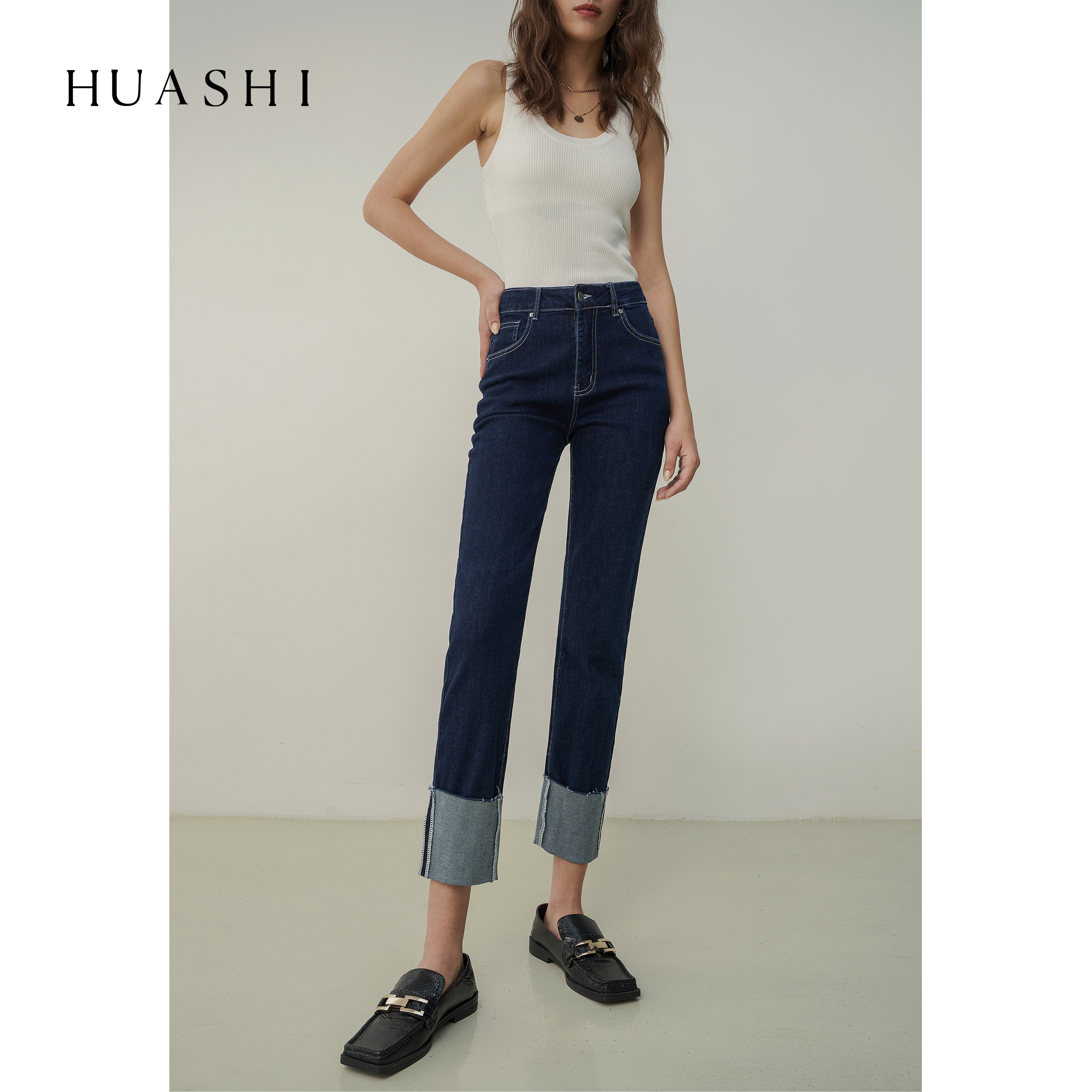 HUASHI high quality rolled jeans female high waist repair and retro - age deep blue nine pants