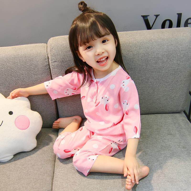 Cotton Silk Children Pyjamas In-home Air Conditioning Suit Men Girl Long Sleeve Suit Girl Baby Print 7 Summer