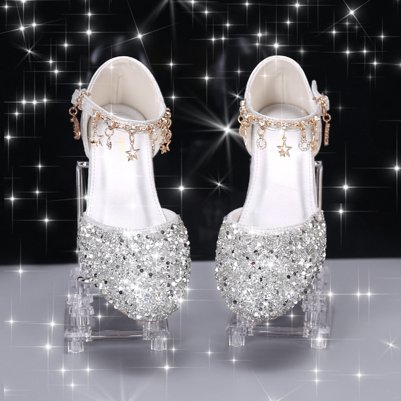 Girls Crystal Shoes Princess Shoes Summer Rhinestone Sandals Bow Performance High Heels Silver Flower Girl Dress Shoes