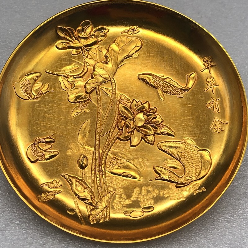 Ancient Playing Bronze Ware Antique Dry Longon year-year-old Lotus Fish Plate with Golden Saucer Tea Toobao-Taobao