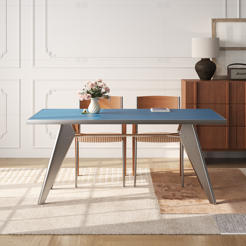 Dingdang Stainless Steel Long Table with Blue Glass Inlay, Long Dining Table, Light French Bauhaus Style Long Desk, Office Computer Desk Dingdang Stainless Steel Long Table with Blue Glass Inlay, Long Dining Table, Light French Bauhaus Style Long Desk, Office Computer Desk