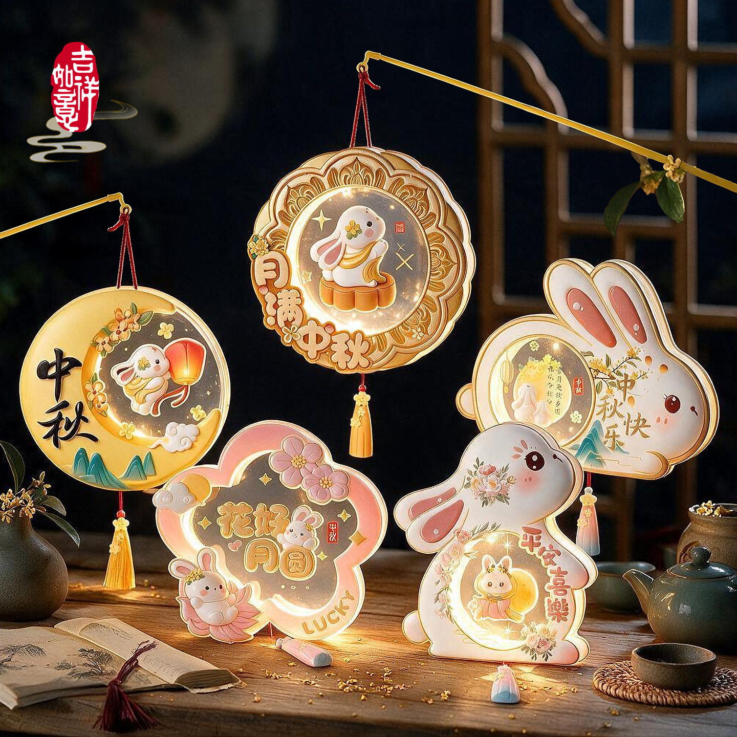2026新款中秋节可爱兔子灯笼玉兔儿童手提古风发光花灯小提灯挂饰