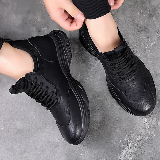 Men's Shoes Winter Fleece-Lined 2025 New Casual Shoes Men's Black Leather Shoes Men's Genuine Leather Height-Increasing Sneakers