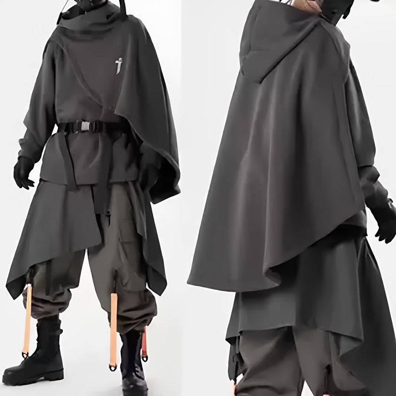 Jiyue Heavy Industries Autumn and Winter Functional Style Heavyweight High-Neck Cape Hoodie for Men and Women, Fake Two-Piece Pullover Cloak Jacket
