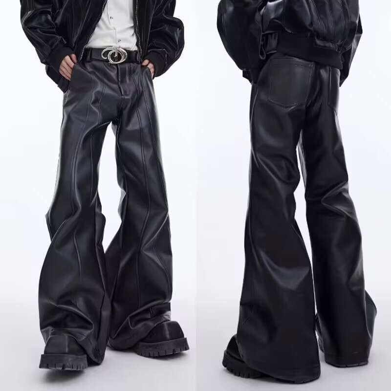Teenagers' Retro Distressed Washed Split Design Niche Leather Pants, Fashionable Versatile Loose Straight Casual Pants for Men