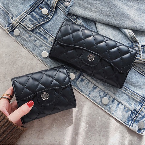 Wallet Classic Embroidery Checkered Camellia Small Fragrant Style Women's Bag Texture Black Multi-Layer Card Holder Banknote Wallet