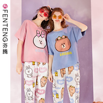Fenten summer pajamas womens cotton thin short sleeve trousers cute cartoon brown bear large size home clothing summer suit