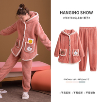 Fenteng coral fleece pajamas womens hooded autumn and winter thickened plus fleece warm Brown bear polar fleece homewear set