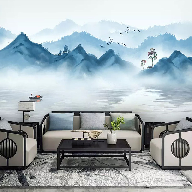 New Chinese Bamboo Wood Fiber Board TV Background Wall Modern Minima Water Ink Landscape Painting Integrated Board Home Video Wall