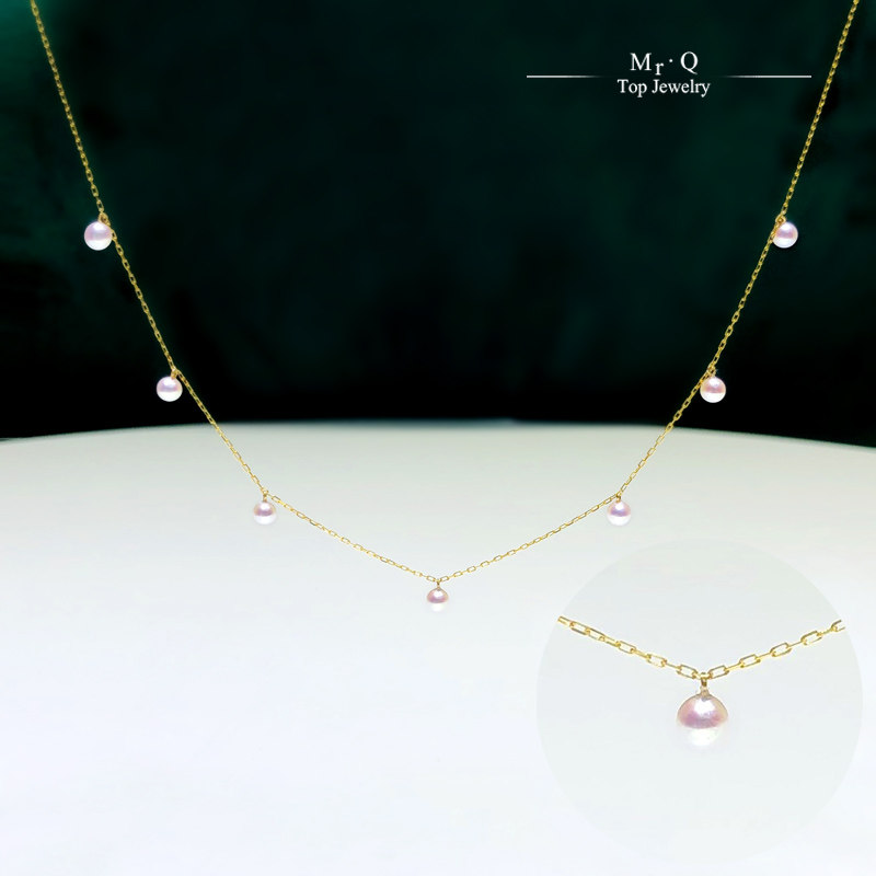 Natural Japanese Seawater Akoya Pearl Necklace Pendant 18K Gold Gypsophila Choker White Translucent Powder Round 3-4m