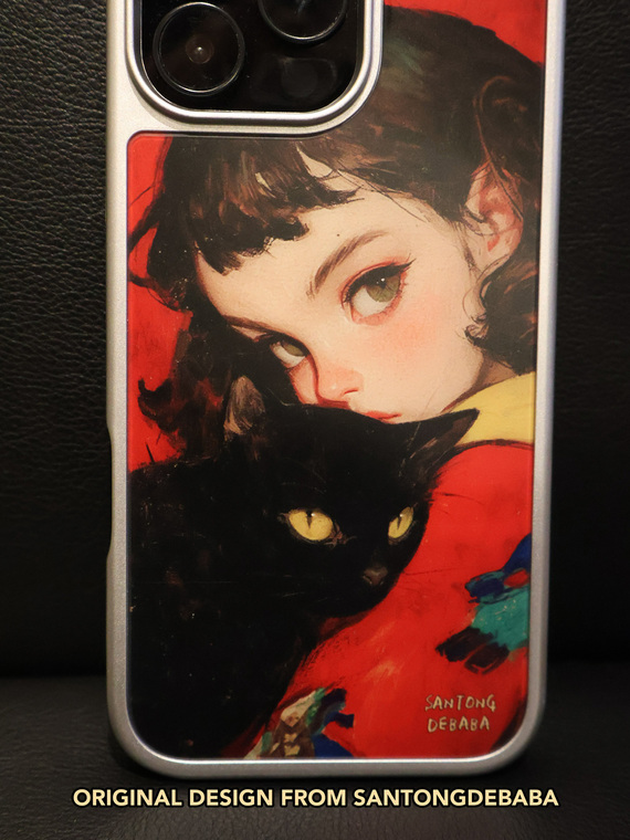 Girl & Black Cat Art Matte MagSafe Hard iPhone Case