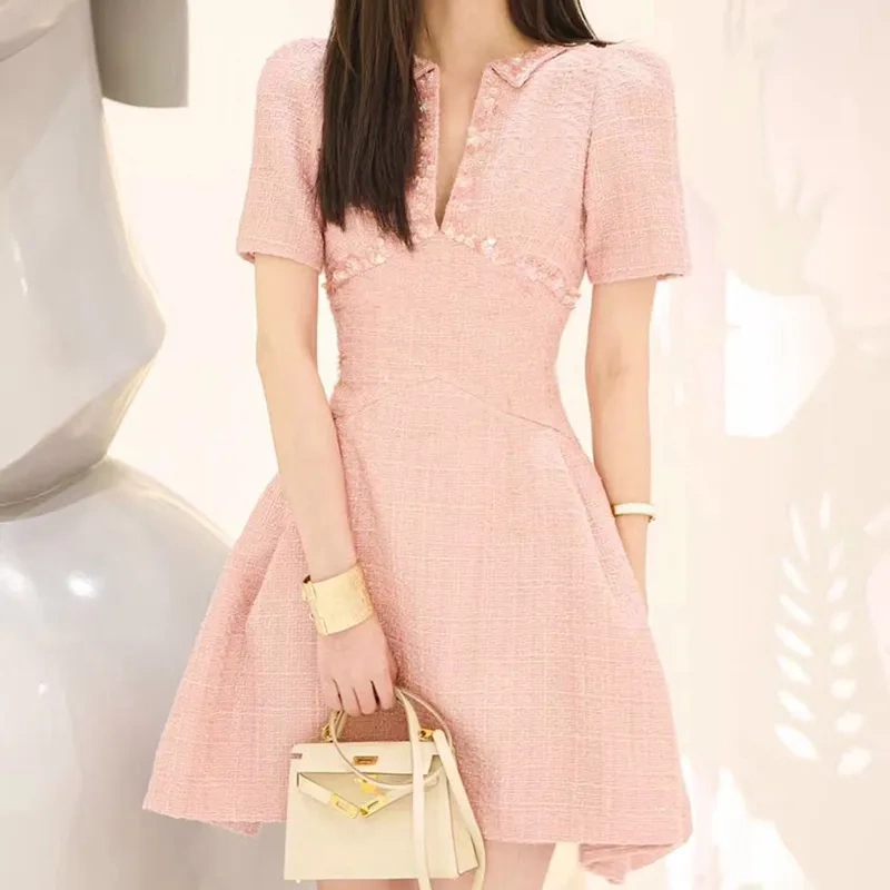 Vietnamese Niche Luxury Ladylike Cherry Blossom Pink Sequin Dress A-Line Skirt with Elegant Socialite Vibe 2025 Autumn 1064