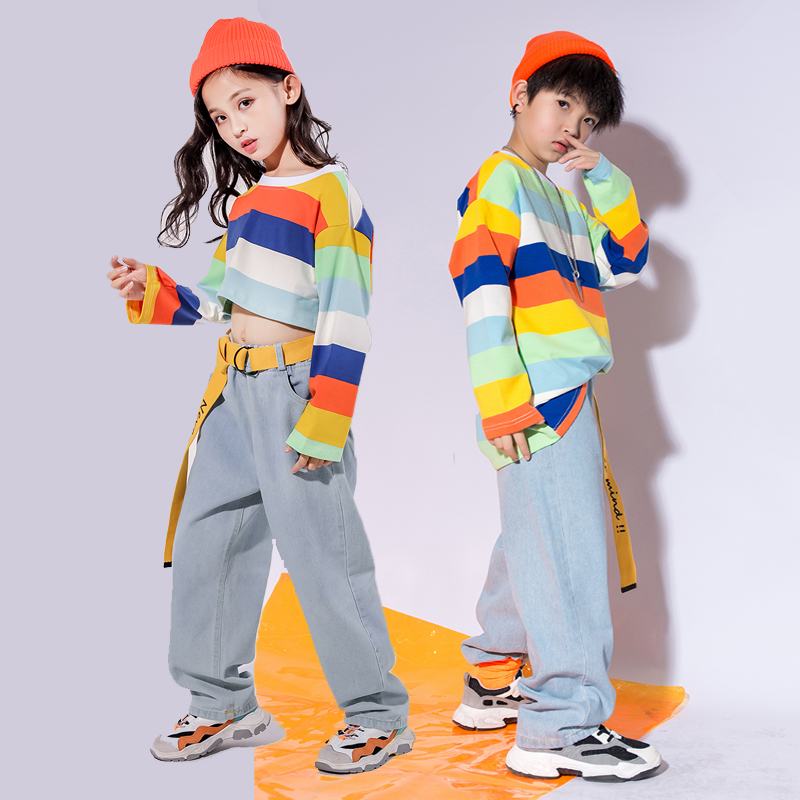 Fall Children's Games Entrance Costume Children Hip Hop Street Dance Suit Boy Denim Striped Long Sleeves Play Out-Taobao