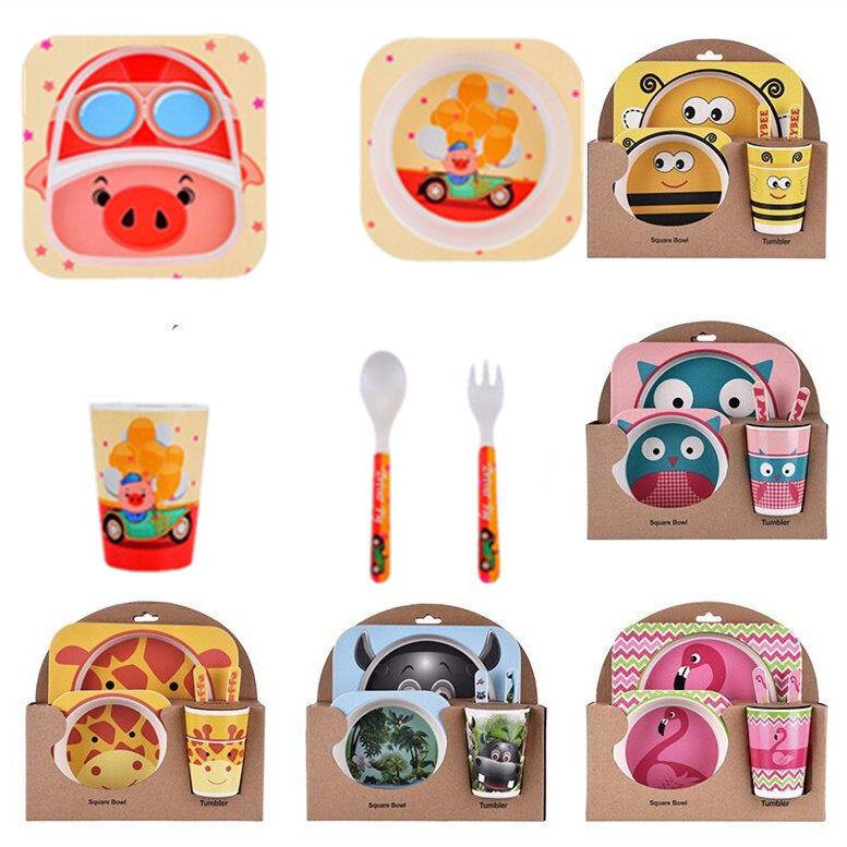 Bamboo Fiber Children's Tableware Creative Dish Plate Piglet Cartoon Cute Kindergarten Baby Food Bowl Dish Spoon Set