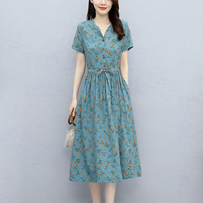 2021夏天新款收腰气质短袖裙子时尚小碎花休闲棉麻连衣裙女中长款