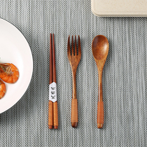 Chopsticks spoon set tableware box student ins Wind portable single-loaded childrens wooden chopsticks spoon Fork three-piece set